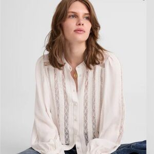 Lace-Insert Button-Up Long-Sleeve Top
